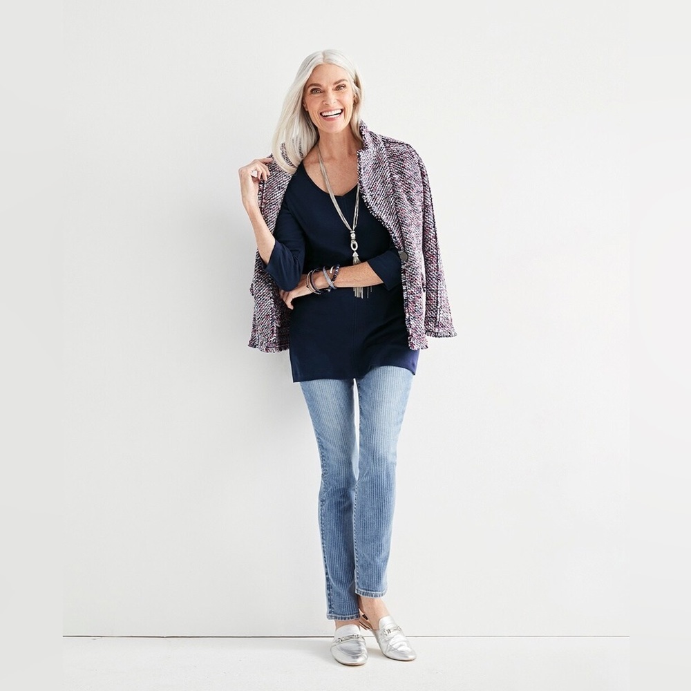 Chico's women’s M/8P Tweed Jacket Cool Toned Structured Notched Collar Cardigan